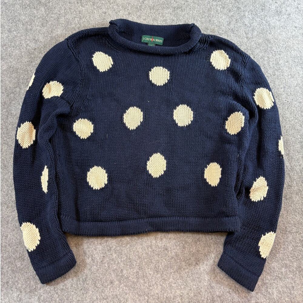 J.Crew Always Cropped Sweater Women Small Blue Polka Dot Chunky Knit Cozy Winter